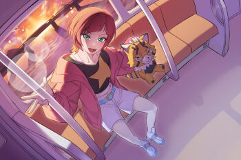 10_09hwan 1girl black_shirt blush brown_hair collarbone commentary digimon digimon_(creature) digimon_beatbreak fang full_body highres hood hood_down hooded_jacket jacket long_sleeves looking_at_viewer medium_hair multicolored_hair open_clothes open_jacket open_mouth orange_hair pink_jacket print_shirt pristimon sakuya_reina shirt shorts sitting smile star_(symbol) star_print stuffed_toy sunset symbol-only_commentary train_interior two-tone_hair white_shorts