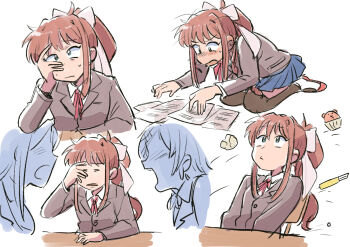 Rule 34 | 3girls, blue eyes, blue skirt, blush, bow, breasts, brown hair, brown thighhighs, chair, closed eyes, closed mouth, cupcake, desk, doki doki literature club, doki doki literature club school uniform, food, grey shirt, hair bow, hand on own face, jsy9emonizou, kneeling, lapels, leaning back, leaning forward, long hair, looking down, looking through fingers, looking up, medium breasts, monika (doki doki literature club), multiple girls, open clothes, paper, reading, school uniform, shirt, sidelocks, sitting, skirt, solo focus, sweatdrop, thighhighs, white bow