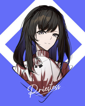 1girl absurdres arknights black_hair black_hairband chinese_commentary closed_mouth commentary_request cropped_shoulders grey_eyes hairband highres hyper_ist lab_coat light_smile looking_at_viewer medium_hair priestess_(arknights) purple_background solo split_mouth sweater turtleneck turtleneck_sweater white_sweater