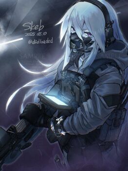 1girl absurdres artist_name black_gloves bulletproof_vest bullpup commentary commission dated didloaded dog_tags ear_protection gloves grey_jacket grey_pants gun hair_between_eyes highres holding holding_gun holding_weapon hood hooded_jacket jacket long_hair looking_at_viewer mask microphone mouth_mask original p90 pants purple_eyes reloading sample_watermark skeb_commission solo submachine_gun tactical_clothes twitter_username watermark watermark_grid weapon white_hair
