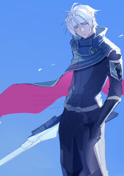 Rule 34 | 1boy, azitsukeniku, bandana, black gloves, black jacket, black pants, blue background, blue cape, cape, closed mouth, crow armbrust, eiyuu densetsu, gloves, gun, hair between eyes, highres, holding, holding gun, holding weapon, jacket, looking at viewer, male focus, pants, red eyes, rifle, sen no kiseki (series), sen no kiseki i, sketch, sniper rifle, solo, spoilers, watermark, weapon, white bandana, white hair