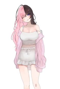 1girl aaesan0118 alternate_costume armpit_crease bare_shoulders breasts brown_hair camisole cardigan cleavage collarbone cowboy_shot drawstring highres large_breasts long_hair midriff multicolored_hair off_shoulder one_eye_closed parted_lips pink_cardigan pink_hair purple_eyes shoes short_shorts shorts simple_background sleeves_past_fingers sleeves_past_wrists solo split-color_hair standing tachibana_hinano tearing_up tied_drawstring two-tone_hair virtual_youtuber vspo! white_background white_camisole white_shoes