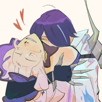 2girls acheron_(honkai:_star_rail) bare_shoulders black_swan_(honkai:_star_rail) blush closed_mouth commentary dxnut00 english_commentary hair_over_shoulder heart highres honkai:_star_rail honkai_(series) hug multiple_girls parted_lips purple_hair simple_background smile sweat yellow_background yuri