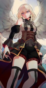 1girl angel_wings bang_dream! bang_dream!_it&#039;s_mygo!!!!! black_shorts black_skirt blonde_hair breasts brown_corset bulkobon corset detached_sleeves doloris_(bang_dream!) earrings feathered_wings grey_socks grey_thighhighs hair_between_eyes highres jewelry long_sleeves looking_at_viewer medium_breasts medium_hair misumi_uika purple_eyes shorts skirt socks solo thighhighs wings