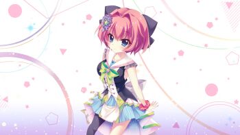 1girl asymmetrical_legwear black_pantyhose blue_dress blue_eyes blue_skirt bow breasts brooch collarbone dot_nose dress film_grain game_cg green_bow hair_bow hair_intakes hair_ornament hiiragi_kae izumi_tsubasu jewelry large_bow large_breasts layered_skirt looking_at_viewer non-web_source official_art pantyhose parted_lips pink_hair pink_scrunchie print_scrunchie purple_bow re:stage! sailor_collar scrunchie short_hair skirt solo star_(symbol) star_brooch star_print striped_clothes striped_scrunchie striped_skirt vertical-striped_clothes vertical-striped_skirt white_sailor_collar wrist_scrunchie