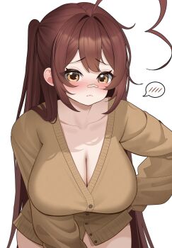 1girl absurdres ahoge bad_id bad_twitter_id bandaid bandaid_on_face bandaid_on_nose blush breasts brown_cardigan brown_eyes brown_hair cardigan cleavage closed_mouth collarbone commentary ear_blush english_commentary hair_between_eyes heart heart_ahoge heart_in_eye highres huge_breasts indie_virtual_youtuber layunaart long_hair long_sleeves looking_at_viewer naked_cardigan pink_lips simple_background sky_above_me_(vtuber) sleeves_past_fingers sleeves_past_wrists solo spoken_blush symbol_in_eye thighs virtual_youtuber white_background