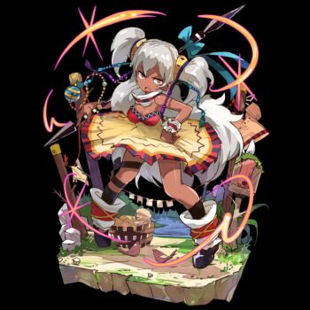 1girl aqua_bow bird black_background black_shoes black_socks bow breasts cleavage dark-skinned_female dark_skin dress fence full_body hair_between_eyes highres holding holding_polearm holding_weapon imelda_(merc_storia) large_breasts leg_warmers long_hair merc_storia merc_storia_art_team official_art open_mouth orange_eyes polearm scrunchie shoes simple_background socks solo standing strapless strapless_dress tachi-e teeth upper_teeth_only v-shaped_eyebrows very_long_hair weapon white_hair wooden_fence wrist_scrunchie