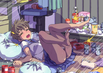 1boy 1girl age_difference artificial_vagina bar_censor barefoot beer_can black_hair blush brown_hair can censored chain choker clenched_hands clothed_sex collar crying crying_with_eyes_open curtains dark_skin drink_can drooling earrings eyebrows feet garbage glasses green_eyes ha_ku_ronofu_jin half-closed_eyes hetero highres holding_another&#039;s_wrist implied_sex inatsuchi_itsuki indoors jewelry leaning_forward lying messy_hair messy_room motion_lines no_shoes on_back open_mouth original plastic_bottle pussy rape saliva school_uniform serafuku sex sex_toy short_hair soles speed_lines spread_legs sweat tagme tears teeth tenga toes tongue translation_request trash_bag