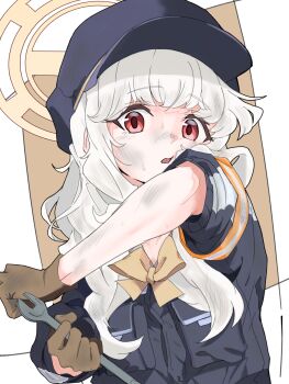 1girl aoba_(blue_archive) arm_up armband blonde_hair blue_archive blue_hat bow bowtie brown_background brown_gloves commentary dirty dirty_face fluffy_hair gloves halo hat highres holding jacket long_sleeves looking_at_viewer medium_hair minami_linli open_mouth orange_armband peaked_cap red_eyes sleeves_rolled_up solo two-tone_background upper_body vest white_background wrench yellow_bow yellow_bowtie yellow_halo