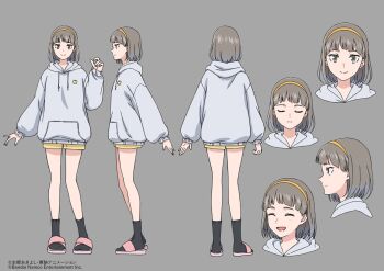 1girl bandai black_socks concept_art copyright_name digimon digimon_story:_time_stranger grey_eyes grey_hair hood hoodie looking_at_viewer misono_inori multiple_views official_art reference_sheet short_hair shorts socks white_hoodie yellow_shorts