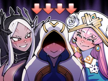 1boy 2girls aversa_(fire_emblem) commission earrings fire_emblem fire_emblem_heroes gold_trim gunnthra_(fire_emblem) hooded_robe jewelry kiran_(fire_emblem) looking_at_another male_kiran_(fire_emblem) mnejing30 multiple_girls nintendo robe smile white_robe