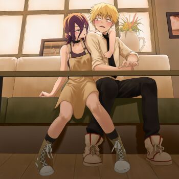 1boy 1girl absurdres apron arm_around_shoulder black_choker black_necktie black_pants black_tank_top blonde_hair chainsaw_man choker collared_shirt denji_(chainsaw_man) green_eyes grenade_pin grey_apron hair_between_eyes hair_bun highres indoors konpeki_no_sora_(artist) necktie pants purple_hair red_eyes reze_(chainsaw_man) sharp_teeth shirt short_hair sitting table tank_top teeth white_shirt