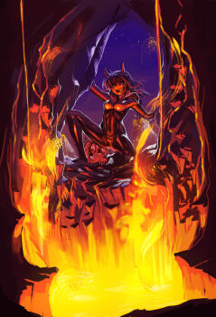 2girls :3 ami_dixie aniece_(nitrotitan) antenna_hair bad_id bad_tumblr_id bodysuit dark-skinned_female dark_skin demon_girl demon_tail fire hell highres hood hood_down horns modeseven lava multiple_girls no_nose open_mouth original smile tail