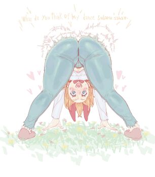 1girl arched_back ass ass_shake bent_over blush bow dancing english_text flower grass hair_bow hair_down heart huge_ass kyojiri_loli loli open_mouth orange_hair pants petra_leyte plank_(zfzt7835) re:zero_kara_hajimeru_isekai_seikatsu shaking solo spread_legs top-down_bottom-up upside-down white_background