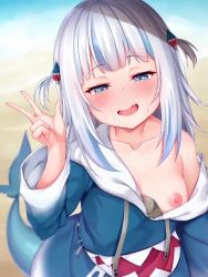 1girl after_fellatio animated beach blue_eyes blush breasts breasts_out bukkake clothes collarbone cum cum_in_mouth cum_on_body cum_on_clothes cum_on_hair cum_on_tongue cum_on_upper_body swallowing cumdrip eyebrows fang female_focus gawr_gura gokkun half-closed_eyes hand_up hololive hololive_english kuragari live2d loli looking_at_viewer lowres moaning multicolored_hair nipples one_breast_out open_mouth outdoors pubic_hair sharp_teeth short_hair small_breasts smile smug solo sound steam stray_pubic_hair swallowing teeth tongue tongue_out upper_body v video virtual_youtuber waiting_for_cum