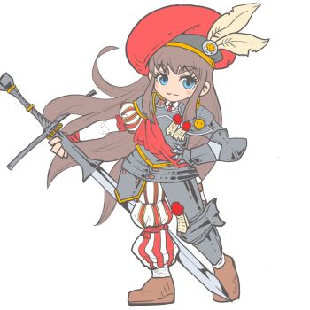 1girl armor blue_eyes boots brown_boots brown_hair empire_(warhammer_fantasy) hat holding holding_sword holding_weapon leather leather_boots long_hair long_sleeves looking_at_viewer mr_kunimitsu multicolored_pants multicolored_shirt pants pauldrons purity_seal shoulder_armor simple_background smile solo sword total_war total_war:_warhammer very_long_hair warhammer_fantasy weapon white_background zweihander