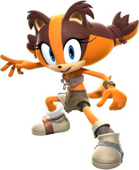 1girl 3d absurdres animal_ears animal_nose arms_up bandeau bare_shoulders bike_shorts blue_eyes body_fur bracelet brown_fur brown_hair female_focus full_body furry furry_female grey_bandeau grey_shoes grey_skirt hair_tie happy highres jewelry legs_apart long_hair looking_at_viewer mario_&amp;_sonic_(series) mario_&amp;_sonic_at_the_rio_2016_olympic_games midriff miniskirt multicolored_hair necklace official_art open_mouth orange_fur orange_hair ring ring_necklace seashell shell shoes simple_background skirt smile solo sonic_(series) standing sticks_the_badger tail teeth third-party_source transparent_background twintails two-tone_fur two-tone_hair