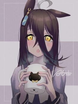 1girl a4_(a4_eishi) absurdres ahoge animal_ears animal_print artist_name black_hair blush cat_print cup ear_ornament ear_tag earrings hands_up highres holding holding_cup horse_ears horse_girl jewelry long_hair long_sleeves manhattan_cafe_(umamusume) mug multicolored_hair open_mouth purple_sailor_collar purple_shirt sailor_collar school_uniform shirt signature single_ear_down single_earring solo steam steaming_cup tracen_school_uniform umamusume very_long_hair white_hair yellow_eyes