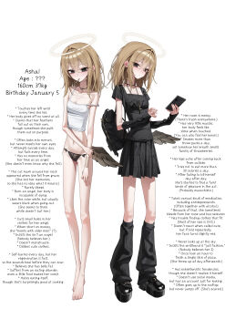 1girl absurdres ashal_(mansu) bags_under_eyes black_arm_warmers black_eyes black_leg_warmers black_panties blonde_hair breasts broken_halo camisole character_profile cleavage cut-here_line english_text fallen_angel hair_between_eyes halo highres holding holding_phone leg_warmers long_hair looking_at_viewer low_wings mansu_(mansu113355) multiple_views neck_tattoo no_pants original panties phone pleated_skirt scissor_tattoo side-tie_panties single_wing skirt small_breasts strap_slip tattoo traditional_halo underwear unlit_cigarette_in_mouth white_camisole wings