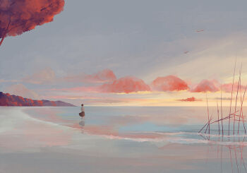 1girl bangqiao_yan beach black_hair black_skirt evening full_body horizon mini_person minigirl mountainous_horizon original outdoors shirt shore short_hair simple_bird skirt solo standing sunset tree white_shirt