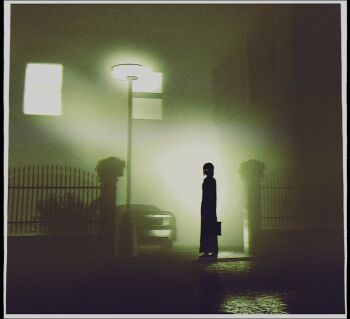 1girl backlighting border briefcase cat chainsaw_man derivative_work fog full_body gate glowing glowing_eyes highres holding holding_briefcase lamppost long_coat long_hair makima_(chainsaw_man) silhouette skirtsan solo standing the_exorcist white_border