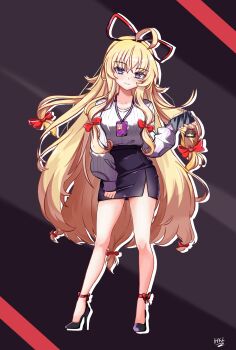 Rule 34 | 1girl, alternate costume, black skirt, blonde hair, blush, bow, breasts, cellphone, cellphone charm, character charm, charm (object), closed mouth, commentary, contemporary, english commentary, full body, hair bow, hair ribbon, hakurei reimu, hellkids2, high heels, highres, holding, holding phone, id card, lanyard, large breasts, long hair, looking at viewer, miniskirt, multiple hair bows, office lady, pencil skirt, phone, purple eyes, purple shoes, red bow, red ribbon, ribbon, shoes, skirt, smartphone, smile, solo, sweater, touhou, very long hair, white sweater, yakumo yukari