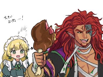 1boy 1girl animal_ears bandages blonde_hair blue_dress bone boned_meat bow breasts brown_eyes commentary dress facial_hair fire_emblem fire_emblem:_radiant_dawn fire_emblem:_three_houses fire_emblem_heroes food green_eyes headdress highres holding holding_food ingrid_brandl_galatea ingrid_brandl_galatea_(cordial_teatime) lion_boy lion_ears long_hair long_sleeves maid maid_headdress meat nintendo official_alternate_costume open_mouth pointy_ears red_hair skrimir_(echoing_howl)_(fire_emblem) skrimir_(fire_emblem) smile symbol-only_commentary teeth upper_body upper_teeth_only wavy_hair yuurururun