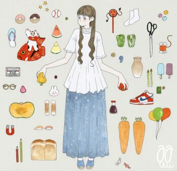 1girl asparagus awai_(awaiwaiwai) balloon baseball bell_pepper blue_eyes blue_footwear blue_skirt blunt_bangs blush brown_hair bug button candy carrot cassette_tape den-den_daiko donut fish_(food) food frilled_shirt frills fruit full_body glasses green_bell_pepper holding holding_food insect ladybug long_hair long_skirt looking_at_viewer magatama magnet maneki-neko nigirizushi original pencil popsicle pot red_footwear sandals scissors shirt shoes short_sleeves signature skirt socks solo standing star_(symbol) strawberry sushi tomato watermelon white_shirt