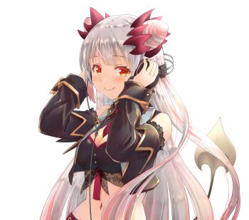 1girl bare_shoulders belt between_breasts black_shirt black_sleeves black_vest blush breasts cleavage cleavage_cutout closed_eyes clothing_cutout collared_shirt commentary_request cone_hair_bun crop_top cropped_vest curled_horns demon_girl demon_horns demon_tail detached_sleeves digital_dissolve double_bun gradient_hair grey_hair hair_bun hands_on_headphones haniwa_(leaf_garden) headgear headphones highres horns indie_virtual_youtuber long_hair medium_breasts midriff multicolored_hair navel necktie necktie_between_breasts open_clothes open_vest pink_hair pink_streaks pointy_ears red_belt red_horns red_necktie shirt side_up_bun simple_background sleeveless sleeveless_shirt smile solo spiked_horns streaked_hair suou_patra suou_patra_(1st_costume) tail transparent_background upper_body very_long_hair vest virtual_youtuber