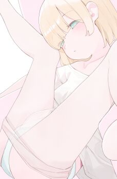 1girl blonde_hair commentary green_eyes highres hiroki_(yyqw7151) kneepits looking_at_viewer original panties parted_lips shirt short_sleeves solo underwear white_panties white_shirt