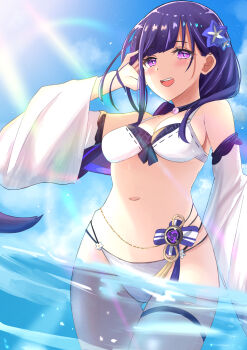 Rule 34 | 1girl, absurdres, bare shoulders, beach, bikini, black choker, blue pupils, blue sky, blunt bangs, blush, braid, breasts, choker, cleavage, cloud, cloudy sky, commentary, detached sleeves, flower ornament, from below, genshin impact, happy, highres, light particles, long braid, long hair, long sleeves, medium breasts, mole, mole under eye, multicolored eyes, multicolored hair, mxsoundtube, navel, ocean, open mouth, outdoors, purple eyes, purple hair, raiden shogun, shade, single braid, sky, smile, solo, standing, stomach, streaked hair, sun, sunlight, swimsuit, teeth, thighs, upper body, upper teeth only, wading, water, white bikini, wide sleeves