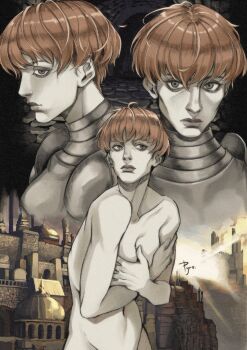 1girl armor artist_name blue_eyes boobplate bowl_cut breastplate building castle closed_mouth commentary covering_breasts covering_privates d&#039;arce_(fear_&amp;_hunger) english_commentary fear_&amp;_hunger_(series) fear_&amp;_hunger_1 highres knight nude orange_hair pyro_cri short_hair solo