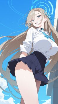 1girl absurdres asuna_(blue_archive) asuna_(school_uniform)_(blue_archive) black_skirt blue_archive blue_eyes blue_halo blue_ribbon blue_sky blush breasts brown_hair button_gap cloud cloudy_sky commentary_request day from_below grin hair_ribbon halo high-waist_skirt highres lamser large_breasts long_hair pleated_skirt ribbon shirt skirt sky sleeves_rolled_up smile solo thighs three-quarter_sleeves very_long_hair white_shirt