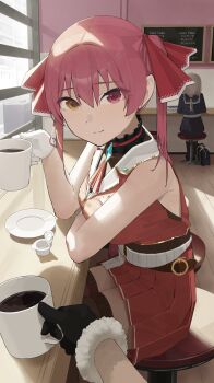 1girl absurdres black_gloves blush breasts cafe closed_mouth coffee coffee_mug commentary_request cup gloves hair_ribbon heterochromia highres holding holding_cup hololive houshou_marine large_breasts looking_at_viewer miya_illuster mug pov red_eyes red_hair ribbon skirt smile solo_focus thighhighs twintails upper_body virtual_youtuber white_gloves yellow_eyes
