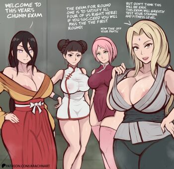 4girls arachnart areola_slip blonde_hair boruto:_naruto_next_generations breasts brown_hair cleavage closed_mouth double_bun english_text facial_mark forehead_jewel forehead_mark hair_between_eyes hair_bun haruno_sakura highres huge_breasts hyuuga_hanabi large_breasts long_hair multiple_girls naruto_(series) pink_hair tenten_(naruto) tsunade_(naruto) unusual_pupils