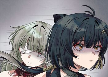 2girls artistic_error bandage_over_one_eye black_bow black_hair bow closed_mouth commentary earrings english_commentary female_rover_(wuthering_waves) grey_eyes grey_hair hair_bow hair_ribbon highres jewelry long_hair multiple_girls phrolova_(wuthering_waves) pokarii_zuu ribbon rover_(wuthering_waves) shaded_face triangle_earrings wuthering_waves yellow_eyes yellow_ribbon