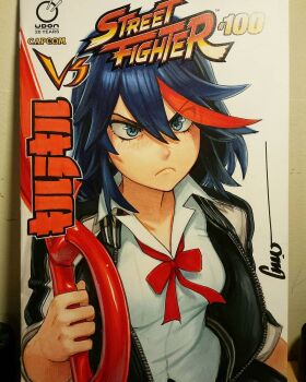 Rule 34 | 1girl, black hair, black jacket, blue eyes, breasts, capcom, closed mouth, collared shirt, commentary, copyright name, english commentary, frown, hair between eyes, highres, holding, holding sword, holding weapon, jacket, kill la kill, light blush, lips, long sleeves, looking to the side, matoi ryuuko, medium breasts, medium hair, multicolored hair, neck ribbon, nose, omar dogan, open clothes, open jacket, photo (medium), red ribbon, red streaks, ribbon, scissor blade (kill la kill), shirt, signature, sleeves rolled up, solo, streaked hair, street fighter, sword, tomboy, traditional media, two-tone hair, udon entertainment, upper body, vs, weapon, white background, white shirt