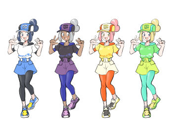 4girls :d alternate_color baseball_cap bettie_(pokemon) black_hair black_leggings blue_hat blue_shoes blue_shorts commentary_request double_w hands_up happy hat highres knees leggings looking_at_viewer multiple_girls nintendo no_socks off-shoulder_shirt off_shoulder open_mouth pokemon pokemon_masters_ex shirt shoes shorts sidelocks simple_background smile u4_99384295 undershirt w white_background white_shirt