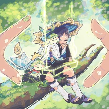 1boy 1girl aranara_(genshin_impact) beelumi black_gloves black_nails commentary creature creature_on_shoulder d: elbow_gloves english_commentary finger_frame fingerless_gloves full_body gameplay_mechanics genshin_impact gloves grass hat highres in_tree jingasa looking_at_viewer male_focus nahida_(genshin_impact) on_branch on_shoulder open_mouth outdoors pov purple_eyes purple_hair scaramouche_(genshin_impact) short_hair sitting sitting_in_tree solo_focus tree wanderer_(genshin_impact)