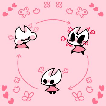 1girl puff_of_air anger_vein angry arrow_(symbol) arthropod_girl black_eyes blank_eyes bug butterfly chibi cloak female_focus flower full_body heart hollow_knight hornet_(hollow_knight) insect legs_apart multiple_views pink_background pink_theme puffy_cheeks red_cloak sakana_2-gou sequential standing