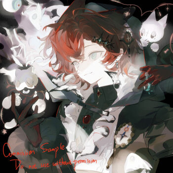 1boy absurdres bottle brooch commission crossed_bangs earrings fang fang_out gem gloves grey_eyes hair_between_eyes hair_intakes hair_ornament highres holding holding_bottle jewelry liangzhi_mian_gou long_sleeves looking_afar male_focus mihuashi_commission mini_bottle original pale_skin red_gem red_gloves red_hair sample_watermark short_hair sidelocks solo square watermark