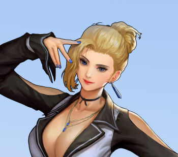 1girl blonde_hair blue_eyes breasts dress earrings female_focus formal_clothes guee_jae gueejae85 hair_bun hand_up huge_breasts jewelry large_breasts long_hair looking_at_viewer mature_(kof) mole mole_under_eye pale_skin smile suit the_king_of_fighters