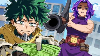 1boy 1girl aiming_at_another aka_nobodyy arm_cannon banknote bare_shoulders boku_no_hero_academia breasts cityscape cowboy_shot dress freckles gloves green_eyes green_hair highres holding holding_money holding_wallet lady_nagant large_breasts midoriya_izuku money purple_dress purple_eyes purple_hair short_hair tears upper_body wallet weapon white_gloves