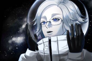 1boy aotsuki_eito black_gloves blue_eyes bright_pupils chinese_commentary commentary eyelashes glasses gloves grey_hair hands_on_headwear hands_up helmet highres jacket looking_ahead male_focus molishang476 open_mouth portrait short_hair solo space space_helmet the_hundred_line_-last_defense_academy- white_jacket white_pupils