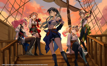 5girls anchor_earrings ankle_boots arm_belt arm_support arm_warmers armpits asymmetrical_sidelocks bandana_around_arm bandeau bare_shoulders batsubyou_(vocaloid) belt black_arm_warmers black_boots black_gloves black_hair black_pants black_shirt black_shorts black_skirt black_thighhighs blonde_hair blue_bandeau blue_belt blue_eyes bokyo boots breasts brown_belt brown_hair brown_pantyhose closed_mouth cloud cloudy_sky collarbone commentary_request copyright_notice criss-cross_halter earrings evening fingerless_gloves floating_hair gloves gradient_hair green_eyes grey_eyes grey_hair hair_between_eyes half-skirt halterneck hand_on_own_hip hand_on_own_knee hand_up headband highres hinomori_shiho holding holding_rope hoshino_ichika_(project_sekai) jewelry knee_boots large_breasts leo/need_(project_sekai) leo/need_luka long_hair long_sleeves looking_ahead looking_at_viewer looking_down medium_breasts medium_hair megurine_luka miniskirt mochizuki_honami multicolored_hair multiple_belts multiple_girls official_art open_mouth orange_belt outdoors pants pantyhose pink_eyes pink_hair pirate_costume project_sekai puffy_sleeves purple_eyes rope ship shirt short_hair short_shorts shorts side_ponytail sidelocks simple_bird sitting skirt sky sleeveless sleeveless_shirt small_breasts standing sunset teeth tenma_saki thigh_strap thighhighs tied_shirt tucking_hair twintails underbust vocaloid watercraft white_shirt white_shorts wind