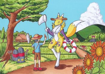 1boy 1girl digimon float happy hat highres renamon smile