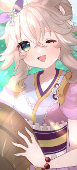 1girl absurdres animal_ears bead_bracelet beads blue_eyes blush bow bracelet breasts bucket ear_bow ear_ornament grey_hair hair_between_eyes hair_bun highres holding horse_ears horse_girl japanese_clothes jewelry kimono kurumiya_(krmy_p) long_hair looking_at_viewer multicolored_hair one_eye_closed open_mouth pink_kimono purple_kimono sash smile solo streaked_hair umamusume wonder_acute_(soft_light_-_hot_spring_scented_outfit)_(umamusume) wonder_acute_(umamusume) wooden_bucket