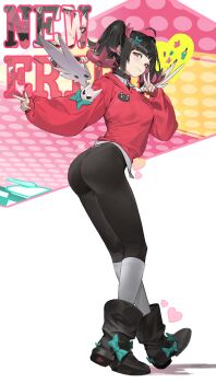 1girl absurdres ahoge ass black_hair boots bug butterfly casual cat_ornament commentary english_commentary full_body highres hood hooded_jacket insect jacket long_sleeves looking_at_viewer multicolored_hair nangong_yu ogurigugu pink_eyes pink_streaks pink_sweater simple_background smile socks solo streaked_hair sweater twintails upper_body v white_background white_socks zenless_zone_zero
