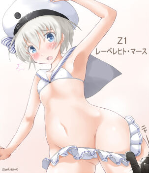 1girl ^^^ arm_up armpits beret bikini bikini_pull blonde_hair blue_eyes blush cat clothes_pull female_focus flat_chest groin hat jack_(slaintheva) kantai_collection navel open_mouth short_hair solo swimsuit unsinkable_sam white_bikini z1_leberecht_maass_(kancolle)