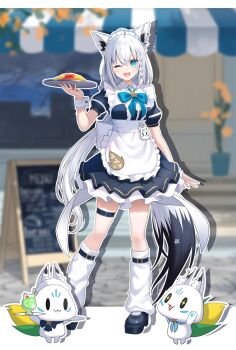 1girl 2others ahoge animal_ears apron aqua_bow aqua_eyes black_dress blurry blurry_background blush bow braid commentary_request dodota dress food fox_ears fox_girl fox_tail frilled_apron frills full_body gold_trim hair_between_eyes highres holding hololive leg_warmers long_hair looking_at_another looking_at_viewer looking_up maid_apron maid_headdress multiple_others omelet omurice open_mouth pentagram puffy_short_sleeves puffy_sleeves shirakami_fubuki short_sleeves side_braid smile sparkling_eyes standing sukonbu_(shirakami_fubuki) tail thigh_strap very_long_hair virtual_youtuber waist_apron white_apron white_hair white_leg_warmers wrist_cuffs